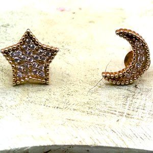 Diamond 14K Yellow Gold On 925 Sterling Silver Moon Star Mismatch Stud Earrings